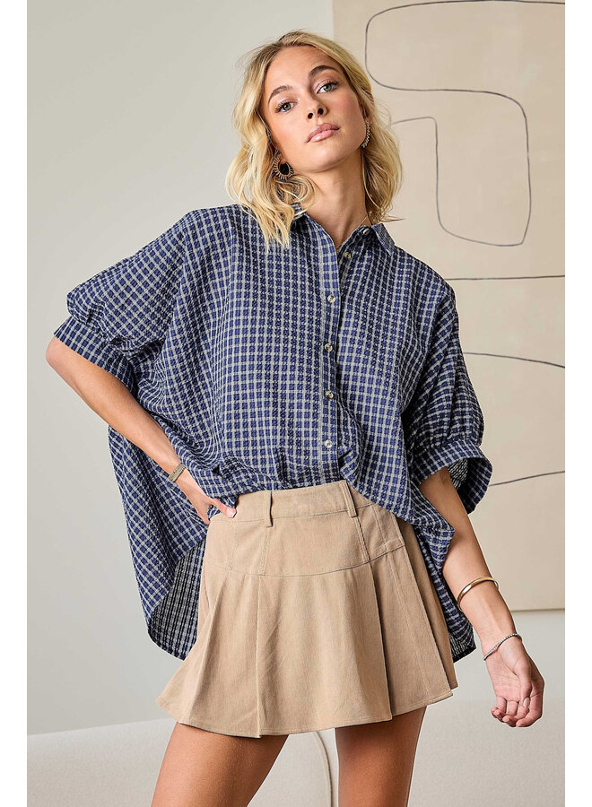 TEAGAN OVERSIZED SEERSUCKER BUTTON DOWN TOP - NAVY