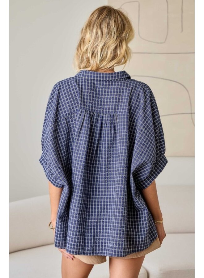 TEAGAN OVERSIZED SEERSUCKER BUTTON DOWN TOP - NAVY