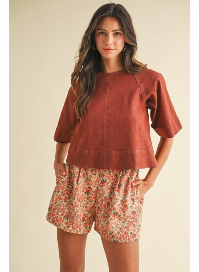 TIED BACK STRETCH DENIM TOP - BRICK