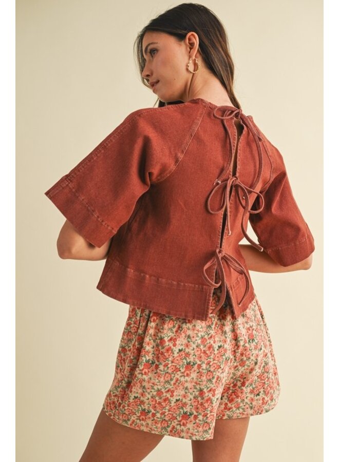 TIED BACK STRETCH DENIM TOP - BRICK