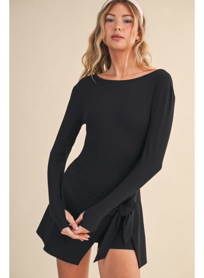 IT'S GIVING BALLERINA ATHLEISURE TIE FRONT DRESS-BLACK