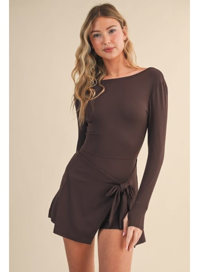 IT'S GIVING BALERINA TIE FRONT DRESS -CHOCOLATE