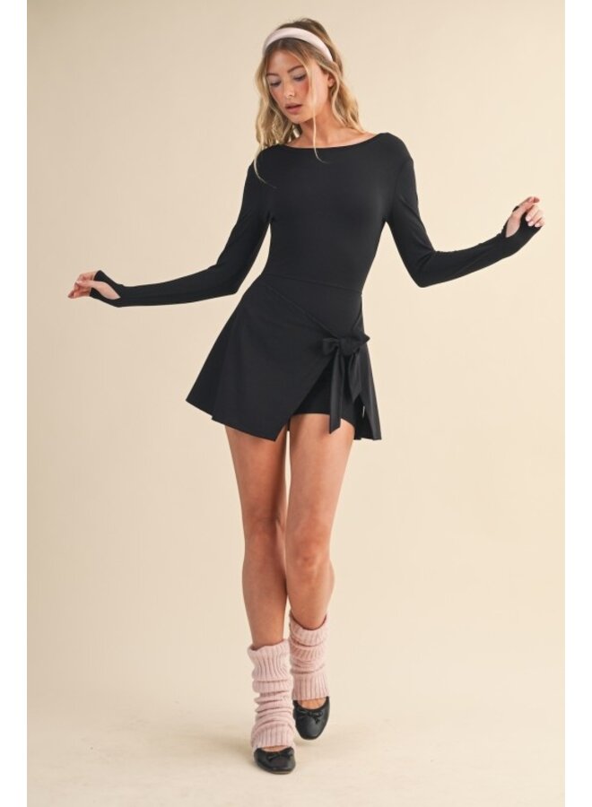 IT'S GIVING BALLERINA ATHLEISURE TIE FRONT DRESS-BLACK