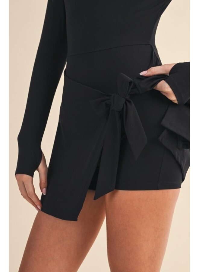 IT'S GIVING BALLERINA ATHLEISURE TIE FRONT DRESS-BLACK