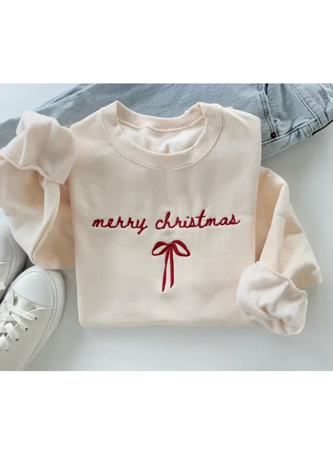 MERRY CHRISTMAS BOW EMBROIDERED PULLOVER