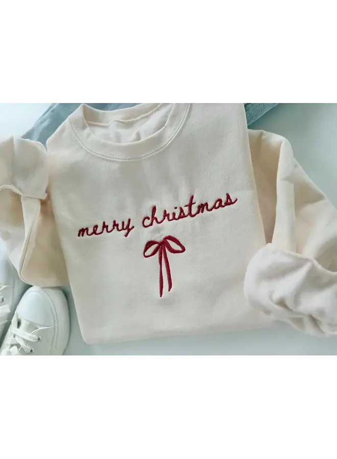 MERRY CHRISTMAS BOW EMBROIDERED PULLOVER