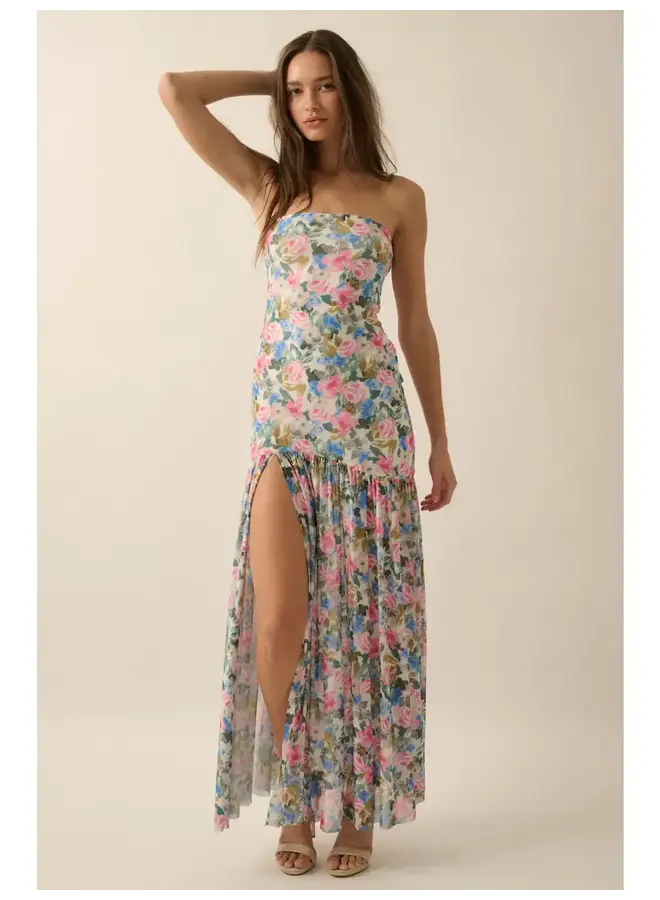 SO SWEET FLORAL STRAPLESS MAXI DRESS