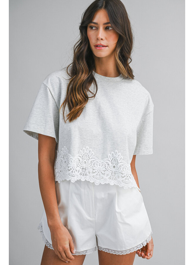 CHIC GIRL LACE TRIM TOP-GREY