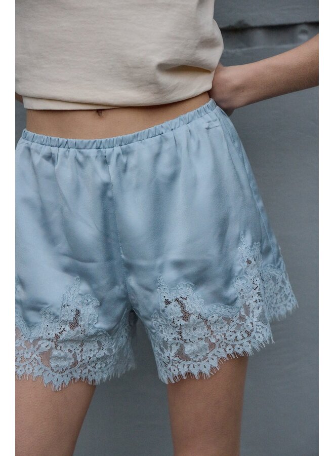 SATIN KISS LACE TRIM SHORTS-BLUE