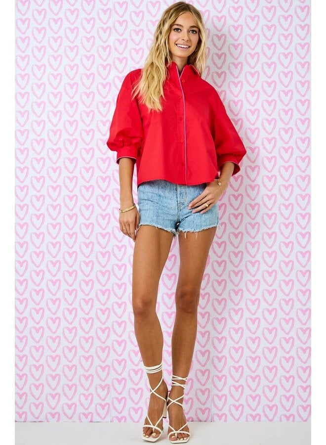 THAT CONTRAST STATEMENT SLEEVE BUTTON DOWN TOP-RED/PINK