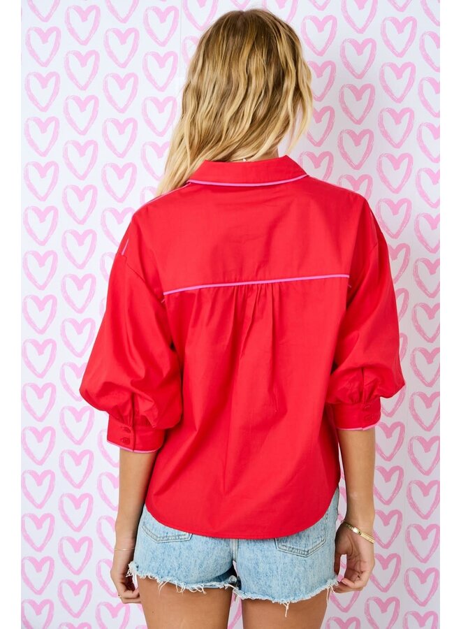THAT CONTRAST STATEMENT SLEEVE BUTTON DOWN TOP-RED/PINK