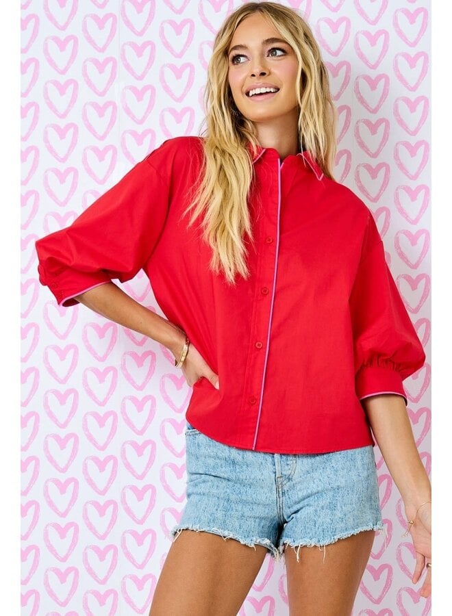 THAT CONTRAST STATEMENT SLEEVE BUTTON DOWN TOP-RED/PINK