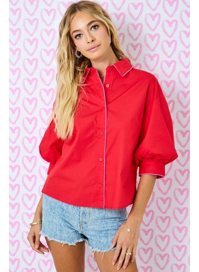THAT CONTRAST STATEMENT SLEEVE BUTTON DOWN TOP-RED/PINK