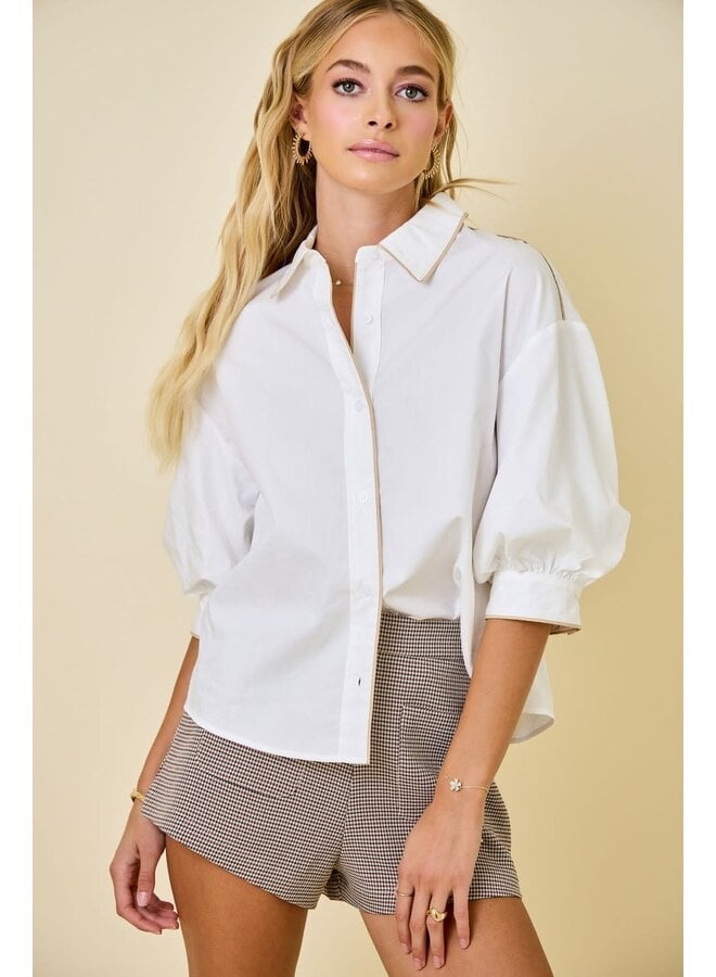 THAT CONTRAST STATEMENT SLEEVE BUTTON DOWN TOP-WHITE/TAUPE