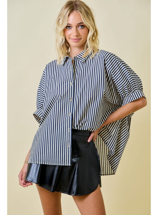 TEAGAN OVERSIZED STRIPED BUTTON DOWN-NAVY