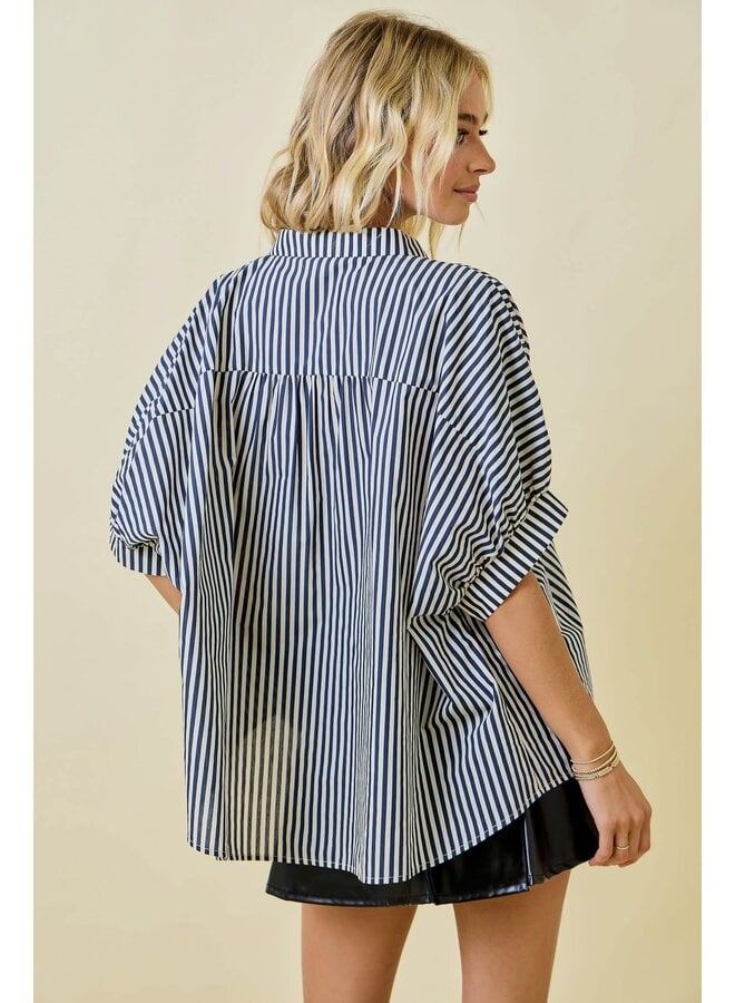 TEAGAN OVERSIZED STRIPED BUTTON DOWN-NAVY