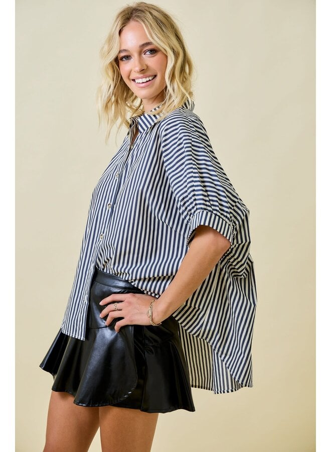 TEAGAN OVERSIZED STRIPED BUTTON DOWN-NAVY