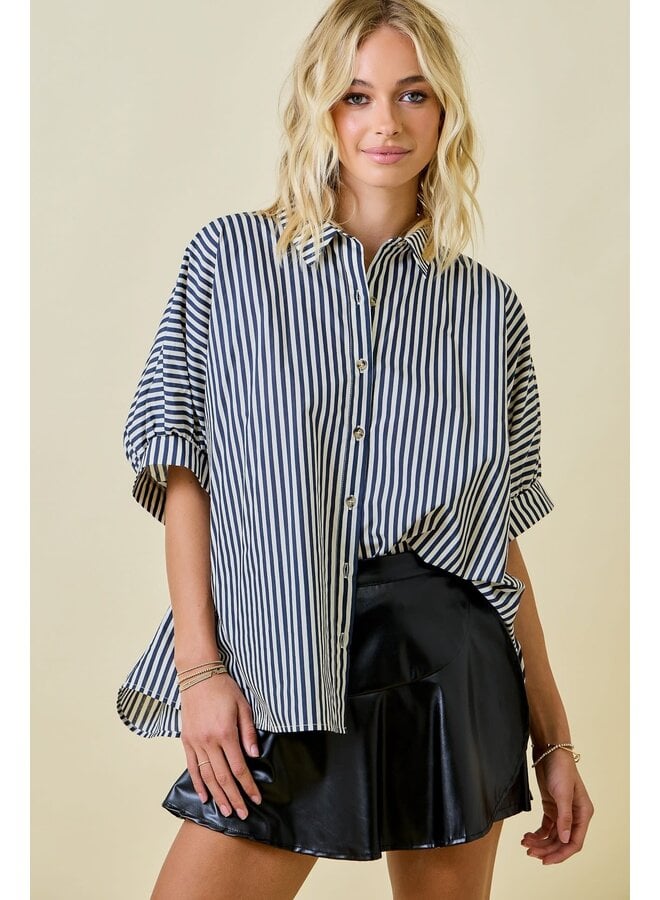 TEAGAN OVERSIZED STRIPED BUTTON DOWN-NAVY