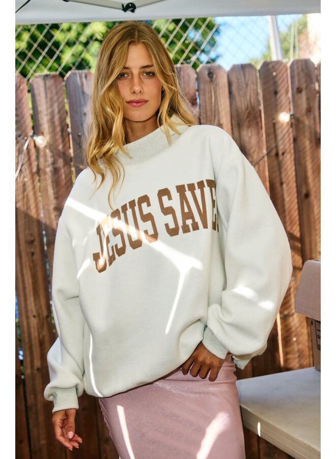 OVERSIZED & OBSESSED REVERSIBLE MOCK NECK SWEATSHIRT-JESUS SAVES