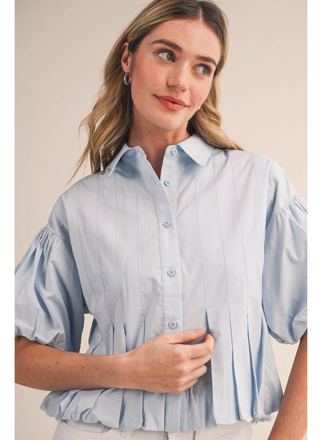 IT'S IN THE PLEATS BUTTON DOWN BUBBLE TOP-BLUE