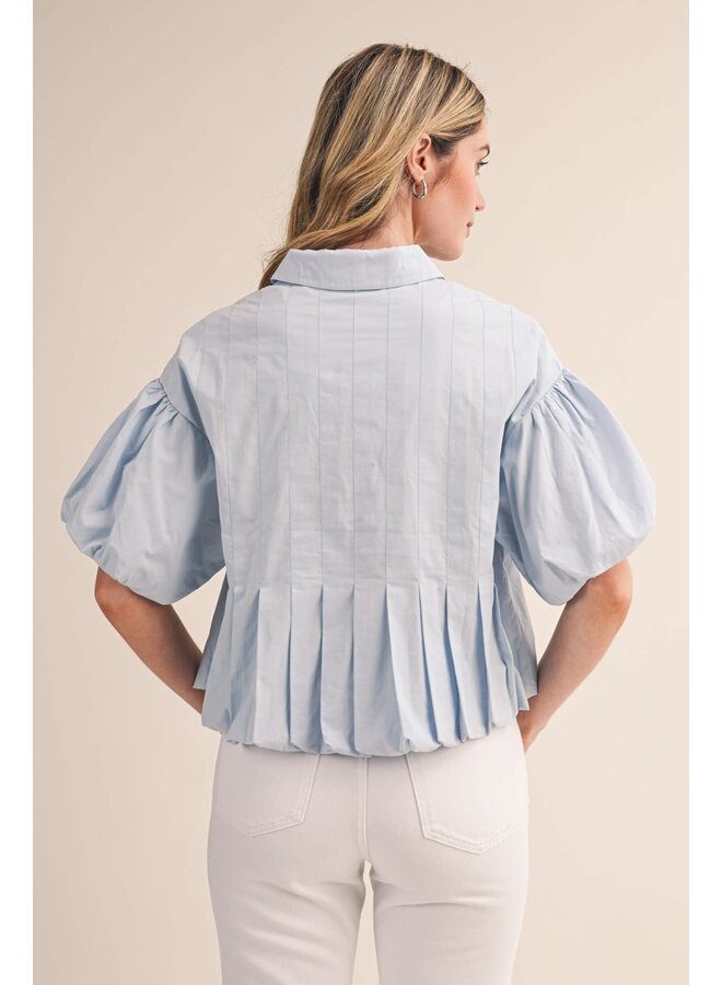 IT'S IN THE PLEATS BUTTON DOWN BUBBLE TOP-BLUE
