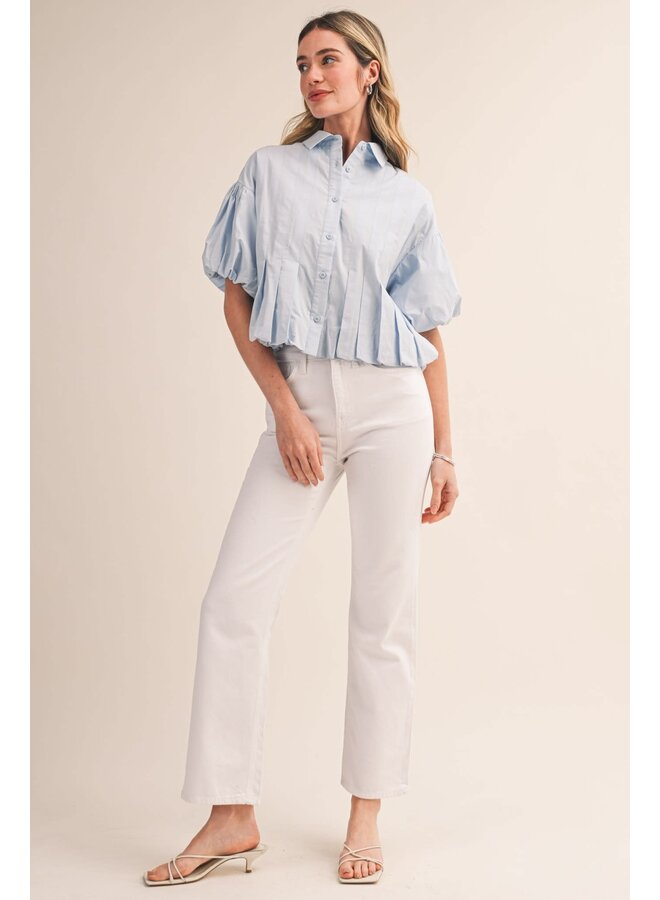 IT'S IN THE PLEATS BUTTON DOWN BUBBLE TOP-BLUE