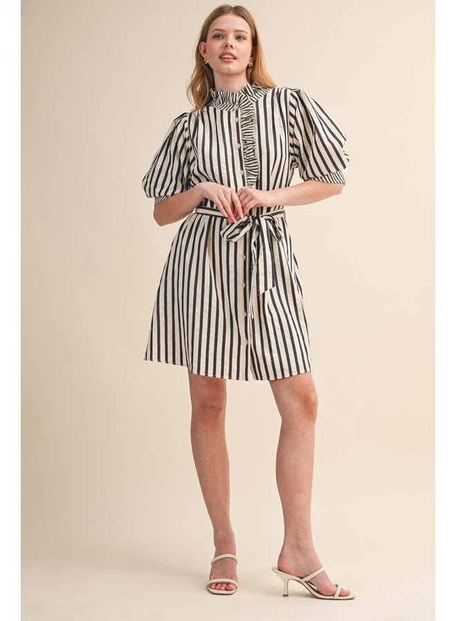 THE RUFFLED & STRIPED BUTTON DOWN DRESS-BLACK