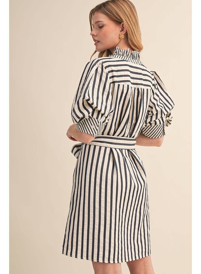 THE RUFFLED & STRIPED BUTTON DOWN DRESS-BLACK