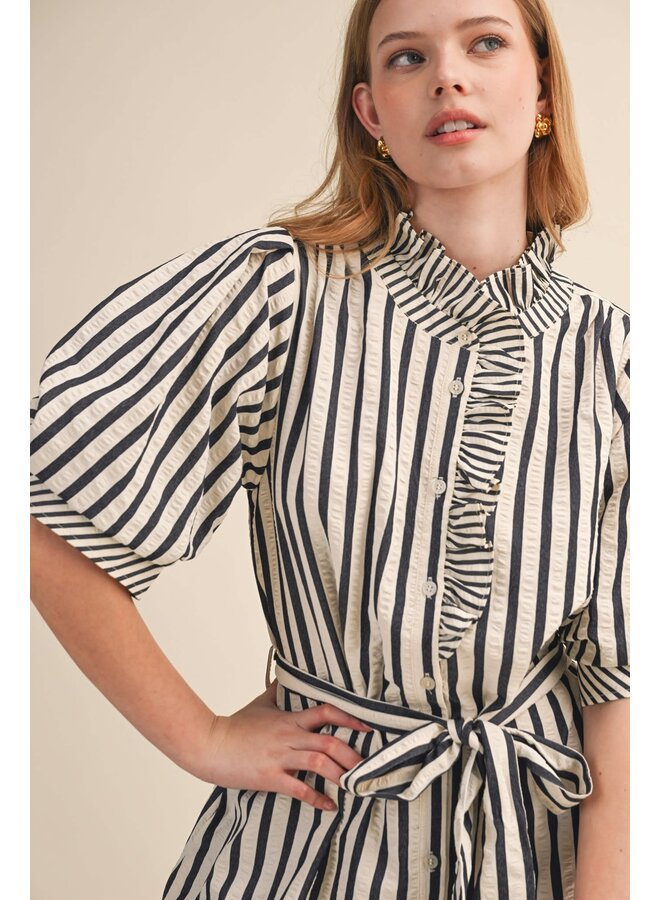 THE RUFFLED & STRIPED BUTTON DOWN DRESS-BLACK