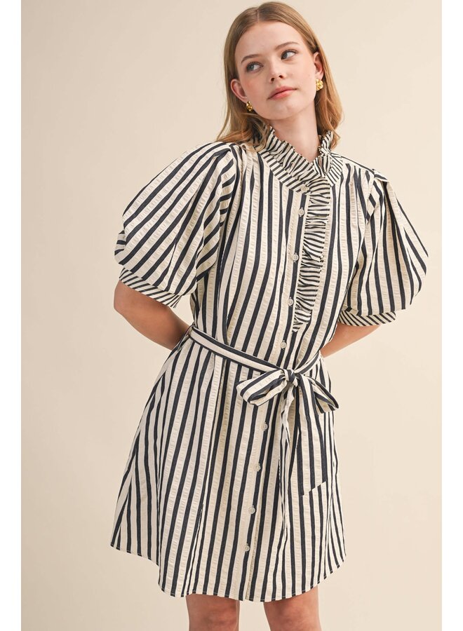 THE RUFFLED & STRIPED BUTTON DOWN DRESS-BLACK