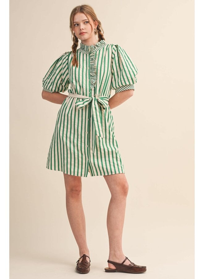 THE RUFFLED & STRIPED BUTTON DOWN DRESS-GREEN