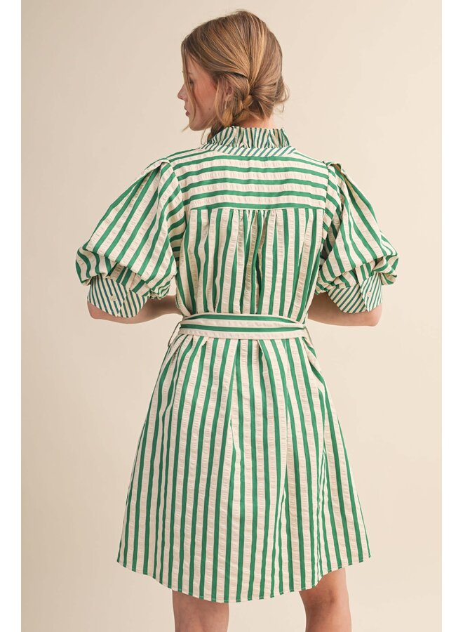 THE RUFFLED & STRIPED BUTTON DOWN DRESS-GREEN