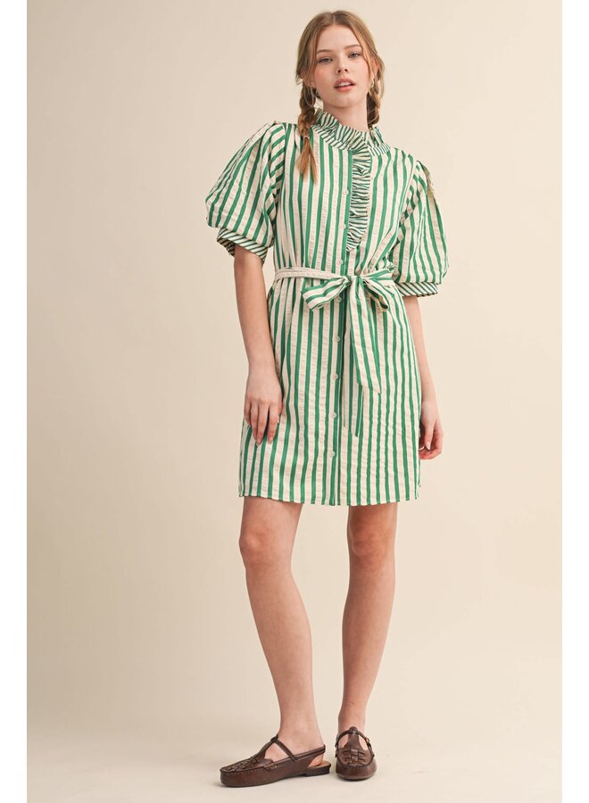 THE RUFFLED & STRIPED BUTTON DOWN DRESS-GREEN