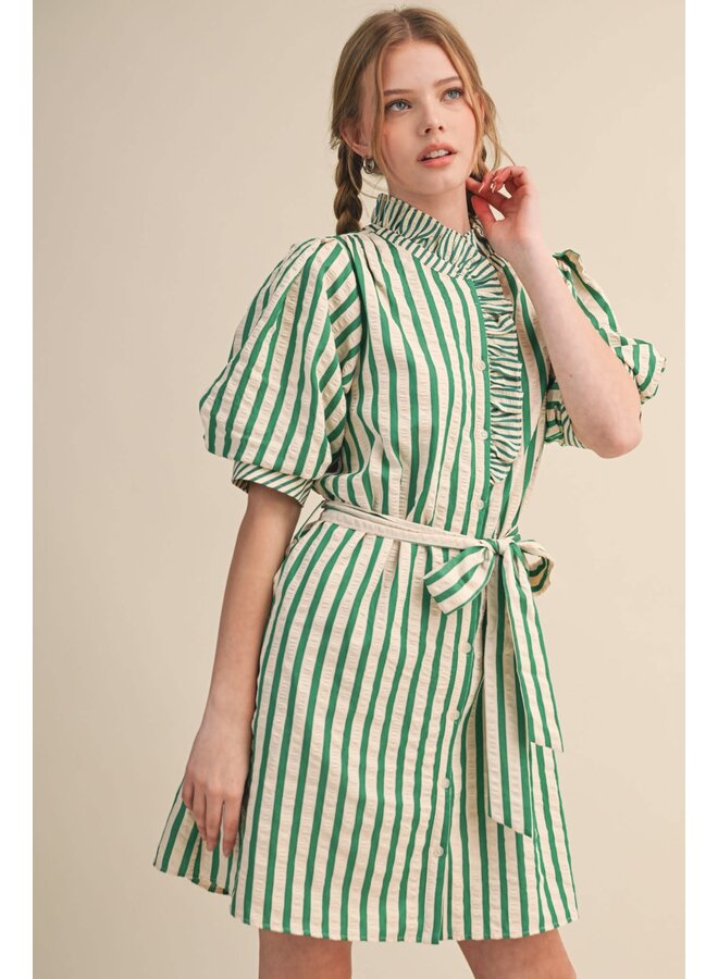 THE RUFFLED & STRIPED BUTTON DOWN DRESS-GREEN