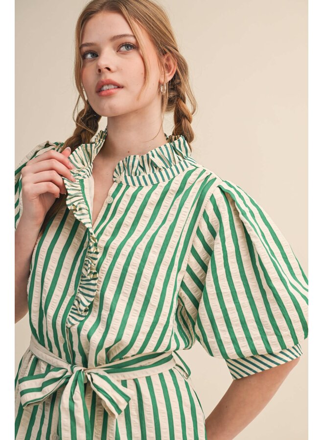 THE RUFFLED & STRIPED BUTTON DOWN DRESS-GREEN