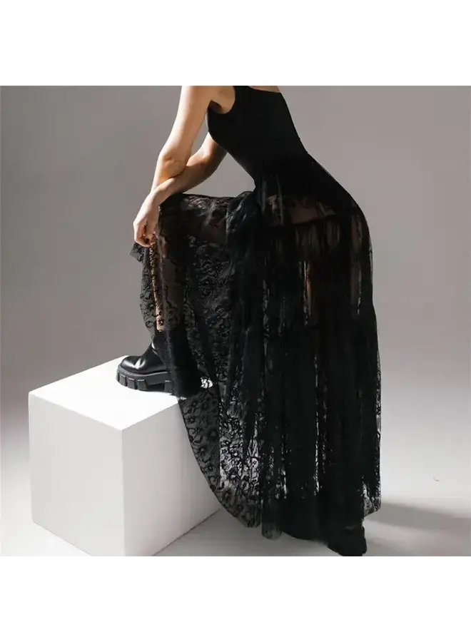 LAYERING LACE MAXI SKIRT-BLACK