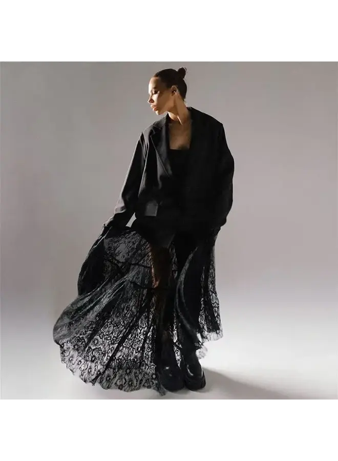 LAYERING LACE MAXI SKIRT-BLACK