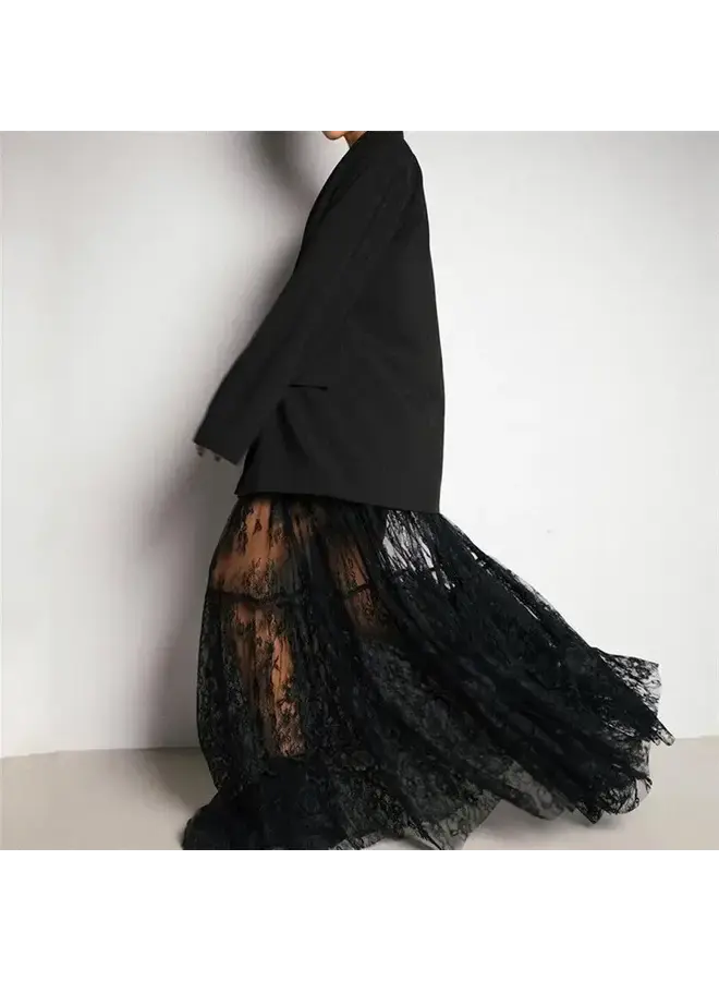 LAYERING LACE MAXI SKIRT-BLACK