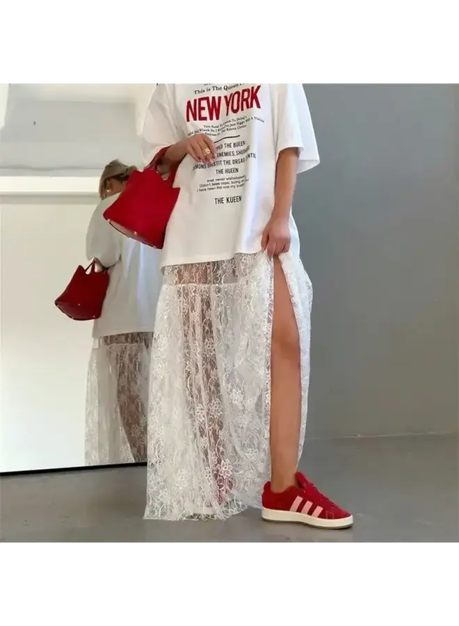 LAYERING LACE MAXI SKIRT-WHITE