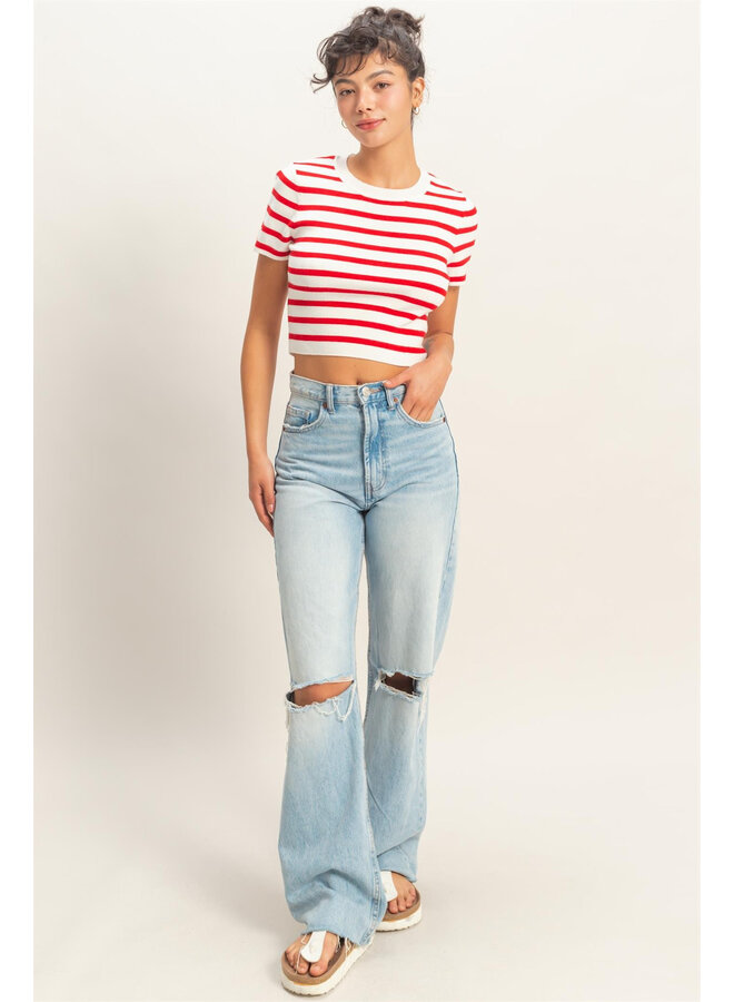 STRIPED AROUND CROP TOP-RED
