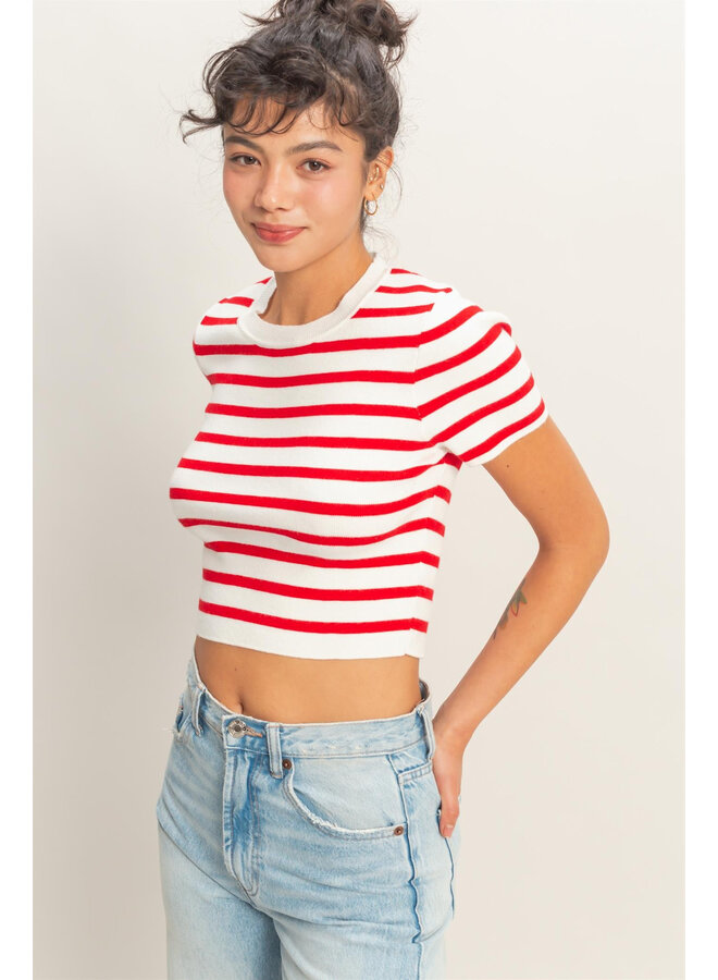 STRIPED AROUND CROP TOP-RED