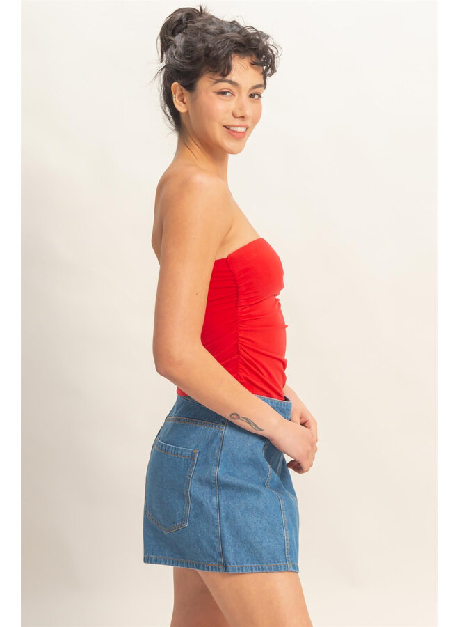RUCHED BANDEAU TOP-RED