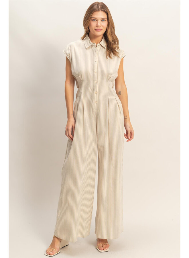 CITY SLICKER STRIPED BUTTON DOWN JUMPSUIT