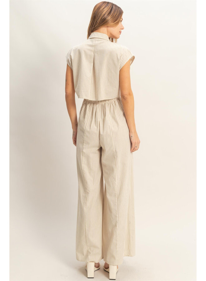 CITY SLICKER STRIPED BUTTON DOWN JUMPSUIT