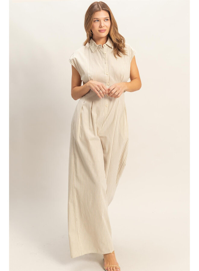 CITY SLICKER STRIPED BUTTON DOWN JUMPSUIT