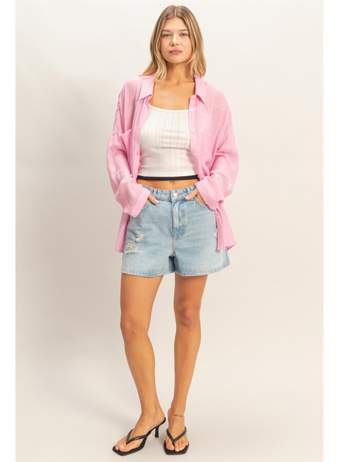 SHEER CONFIDENCE BUTTON DOWN TOP-COTTON CANDY