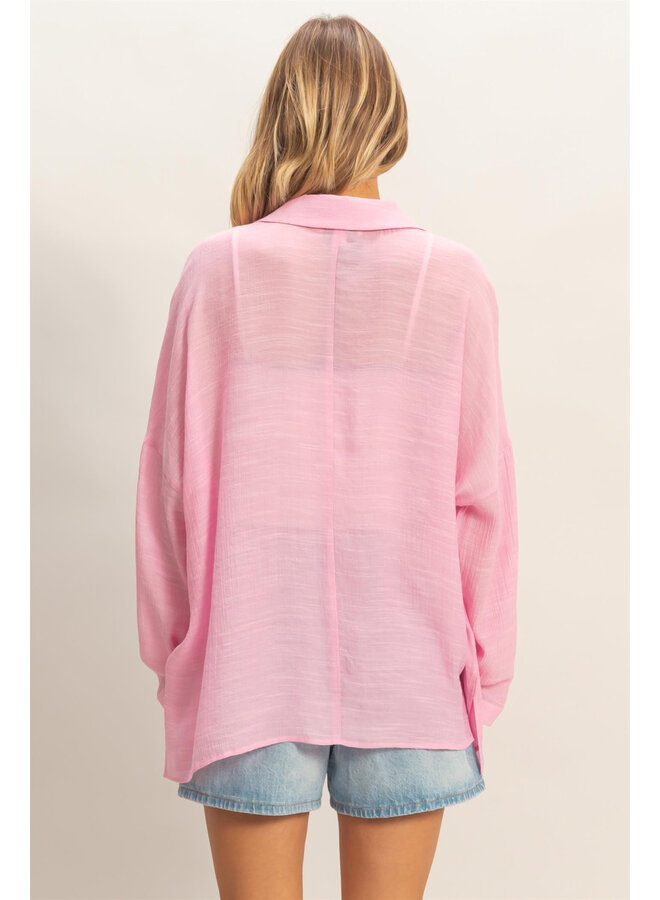 SHEER CONFIDENCE BUTTON DOWN TOP-COTTON CANDY