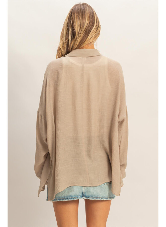 SHEER CONFIDENCE BUTTON DOWN TOP-TAUPE