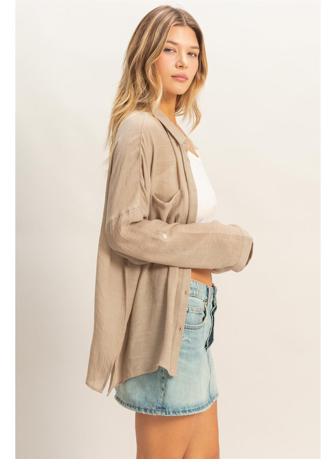 SHEER CONFIDENCE BUTTON DOWN TOP-TAUPE