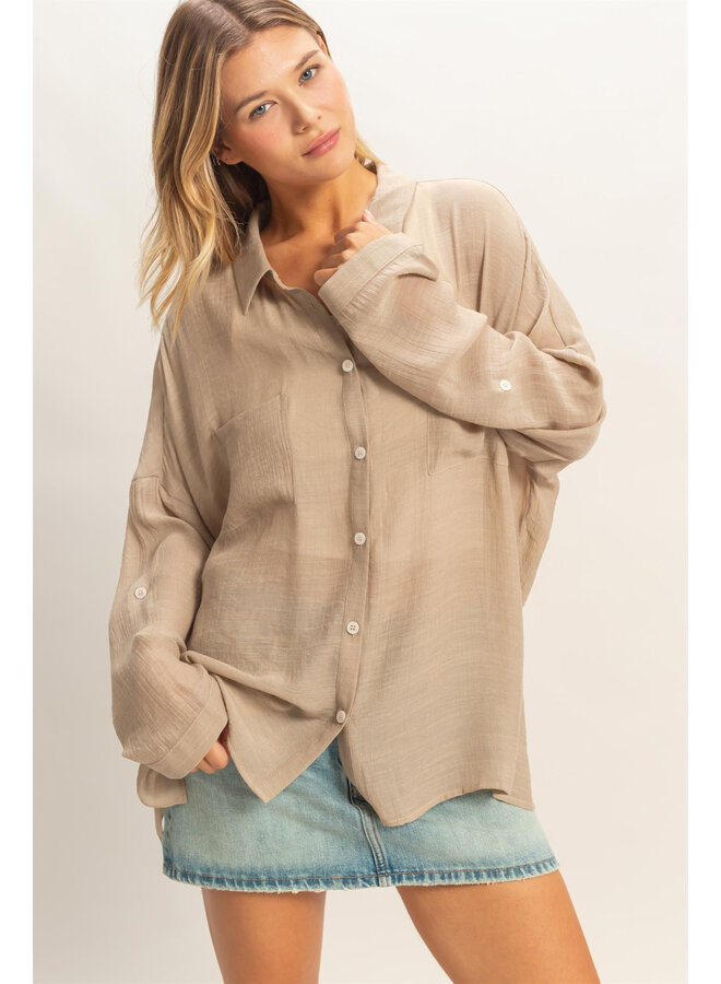 SHEER CONFIDENCE BUTTON DOWN TOP-TAUPE